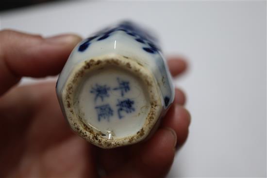 A Chinese malachite snuff bottle and three porcelain snuff bottles, 19th / 20th century (4) Tallest 9cm